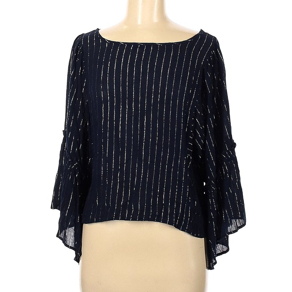 NEW Blouse NAVY Top Back Buttons Metallic Lurex Stripe Dark Womens XS